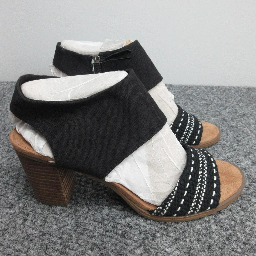 TOMS Majorca Cutout Sandals Womens Size 10 Black Strappy Woven Block Heel Zip